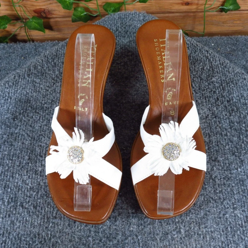 Italian Shoemakers Womens Floral‎ Wedge Sandals Size 8 Summer Slide White Brown